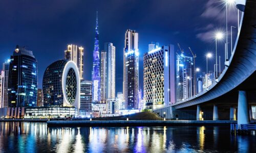 Skyscrapers skyline of Dubai UAE downtown with Burj Khalifa at night.