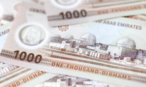 UAE dirhams, new paper money of one thousand, closeup of the banknotes