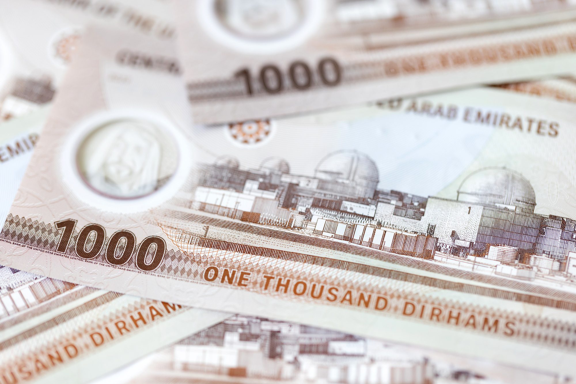 UAE dirhams, new paper money of one thousand, closeup of the banknotes